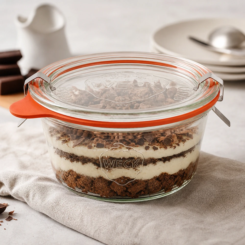 290ml nízká zavařovací sklenice s kompletním víkem WECK RR100 WECK Sturzglas 290ml RR100 mit Schichtdessert Tiramisu gefüllt zeigt vielseitige Verwendung als Dessertglas