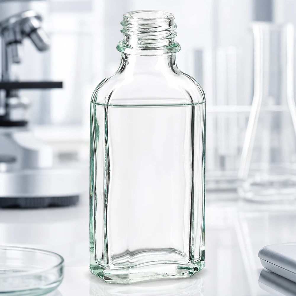 Láhev s meplatem 50 ml čirá DIN22 Kleine 50 ml Laborflasche aus klarem Glas flach rechteckig DIN22