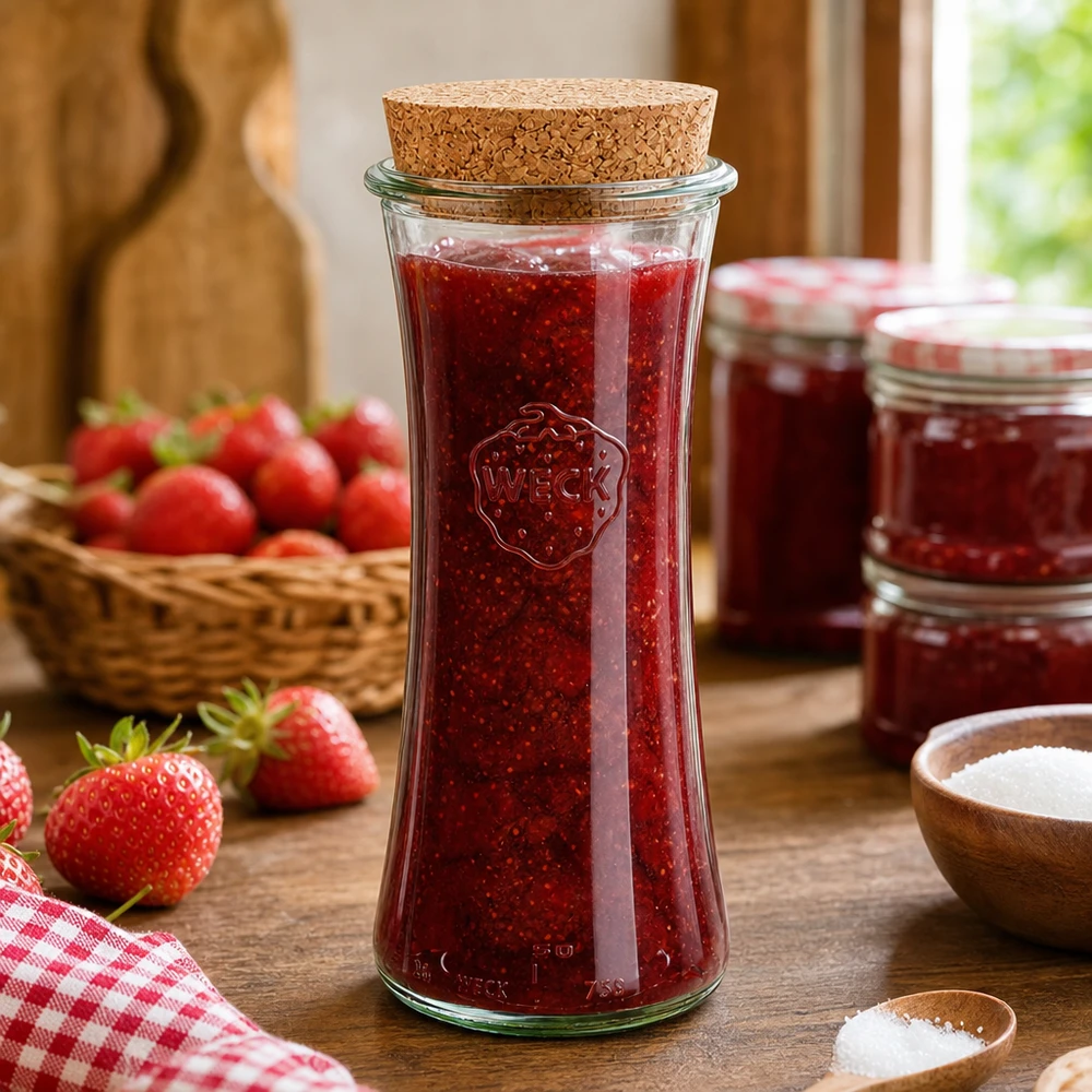 WECK RR80 Einmachglas 700ml mit Korkverschluss befüllt mit Erdbeermarmelade auf Holztisch neben frischen Erdbeeren