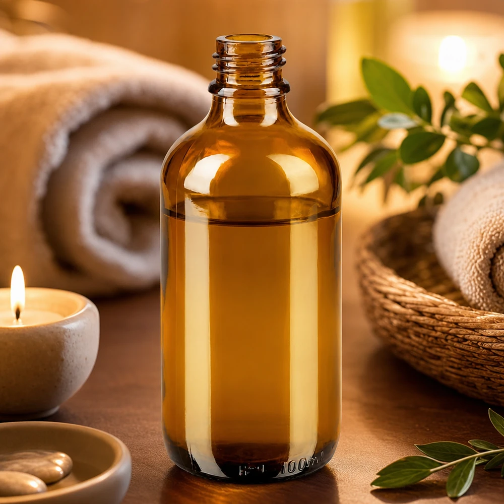 Lahvička s kapátkem 100 ml DIN 18 z jantarového skla Braune 100ml ApoGlas Apothekenflasche in warmem Wellness-Ambiente mit Kerze Handtüchern und grünen Blättern