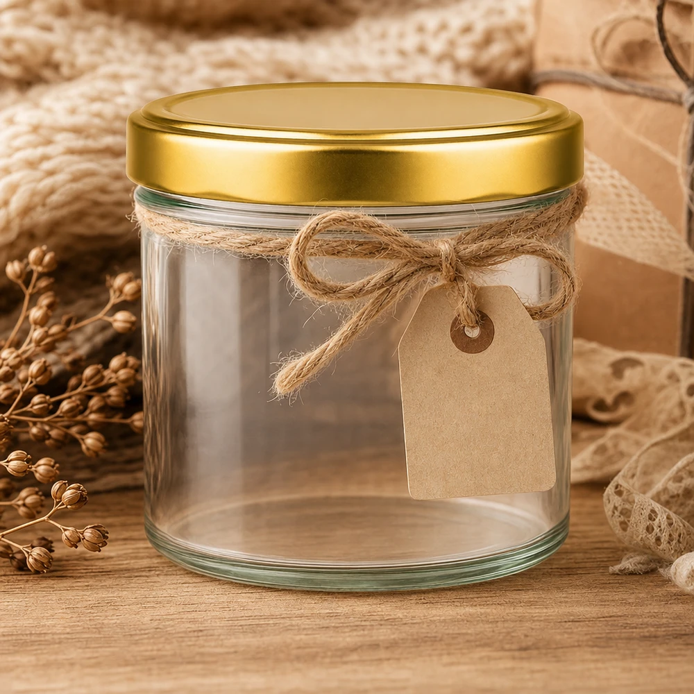230ml válcová sklenice + víčko BasicSeal zlaté UT. 230ml Zylinderglas mit goldenem Deckel dekorativ geschmückt mit Jute-Schleife und Kraftpapier-Etikett rustikal