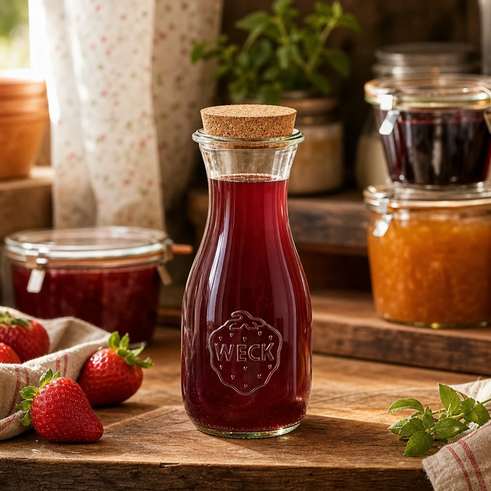 WECK Saftflasche 530ml gefüllt mit rotem Saft auf Holztisch neben Marmeladengläsern und frischen Erdbeeren Küche