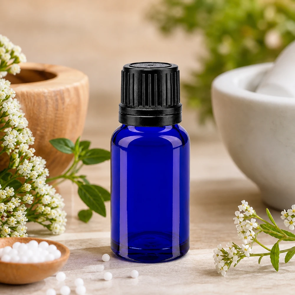 Blaue Glasflasche 10ml mit 8mm Öffnung und schwarzem Originalverschluss für Heilpflanzenextrakte