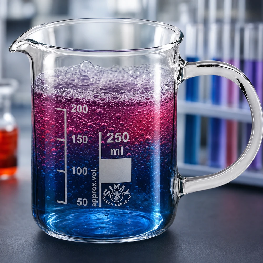 Kádinka z borosilikátového skla 250ml, s rukojetí Becherglas 250ml mit Henkel von Simax Czech Republic mit sprudelndem blauem Inhalt