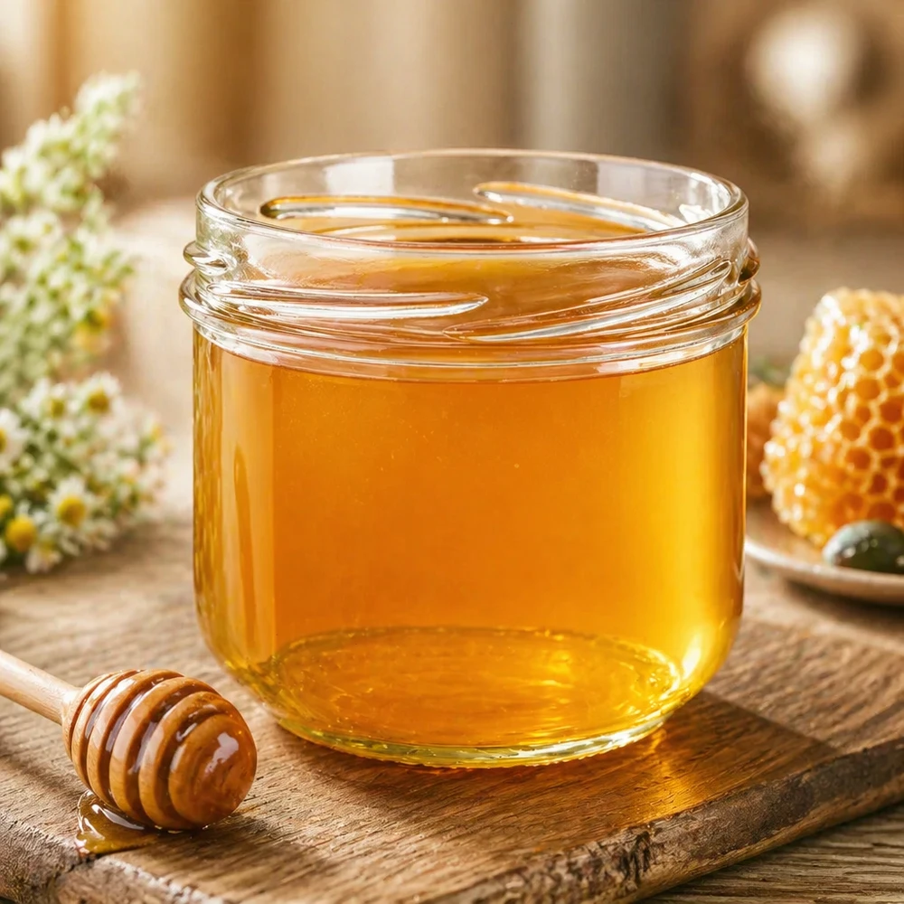 Sklenice o objemu 260 ml bez víčka (TO82) UNiTWIST UNiTWIST Sturz260 Rundglas 260ml TO82 mit Honig gefüllt auf Holzbrett neben Honiglöffel und Waben