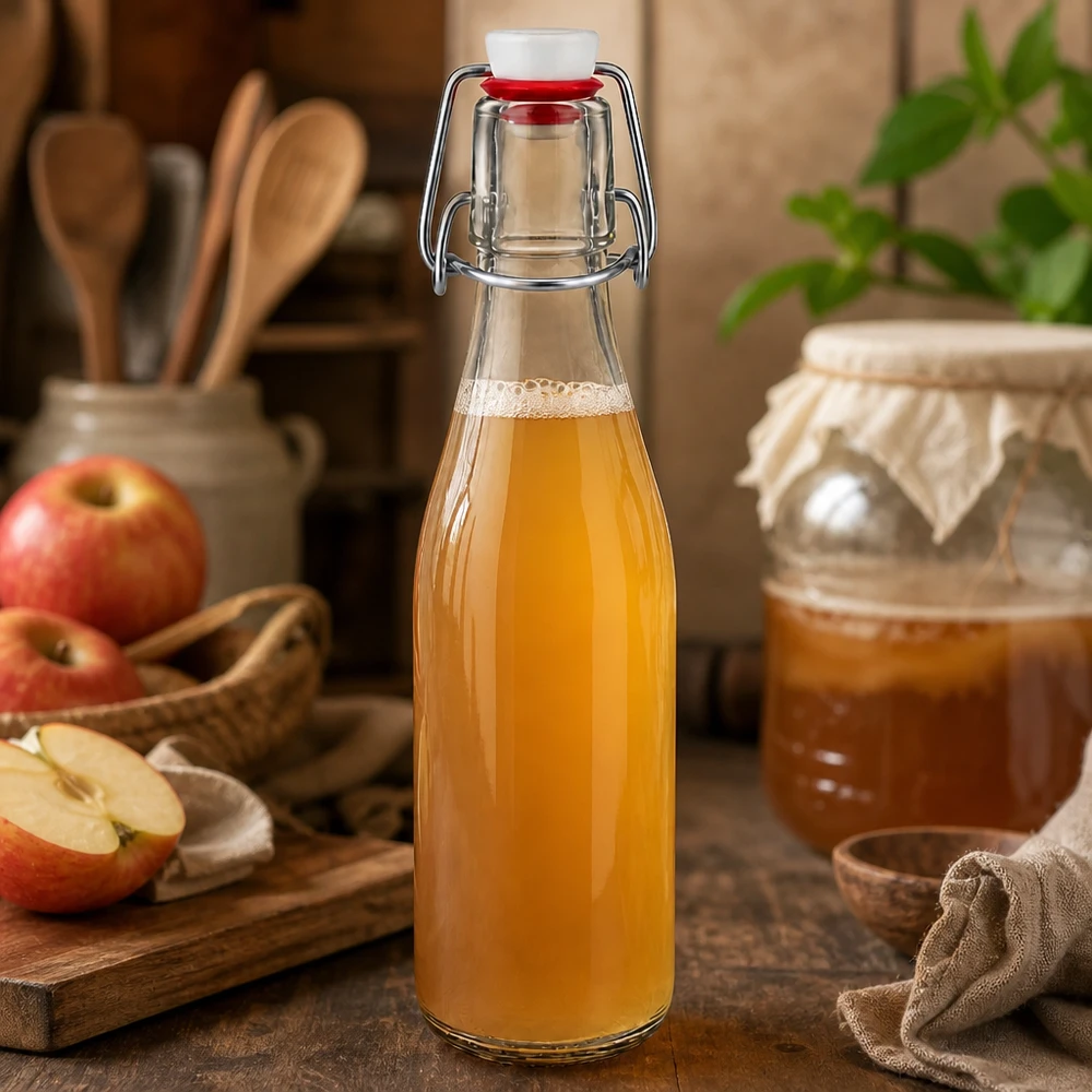 250ml skleněná láhev + otočný vršek z porcelánu UNiTWIST Glasflasche 250ml Bügelverschluss mit Apfelsaft gefüllt, Apfelscheiben und Marmeladenglas im Hintergrund