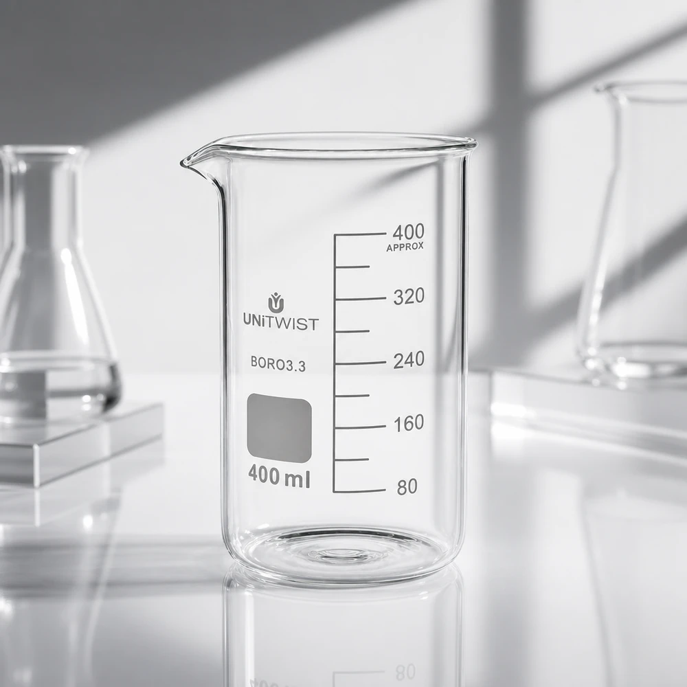 Kádinka 400 ml borosilikátová, vysoká forma UNiTWIST UNITWIST Becherglas 400ml Borosilikat 3.3 hohes Gefäß mit Gradeinteilung für Labormessungen