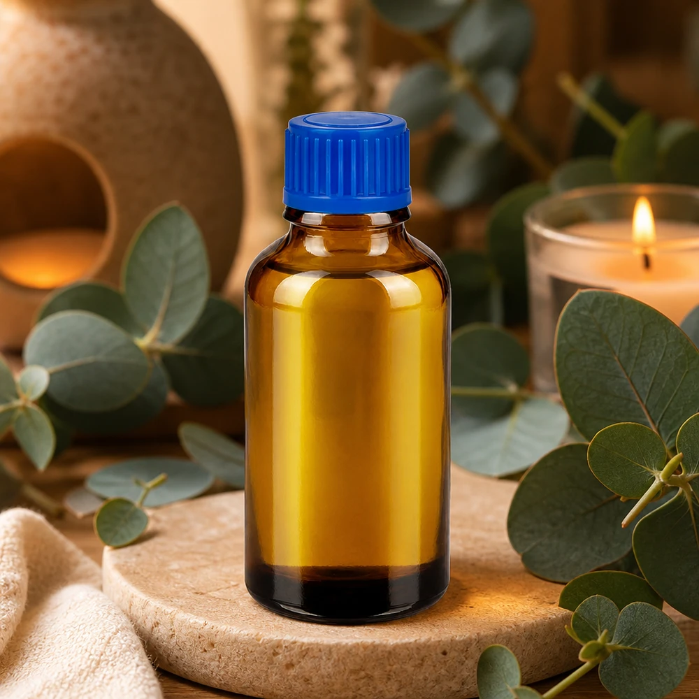 Handliche 30ml Glasflasche in Braun mit praktischem blauen Verschluss für den täglichen Gebrauch