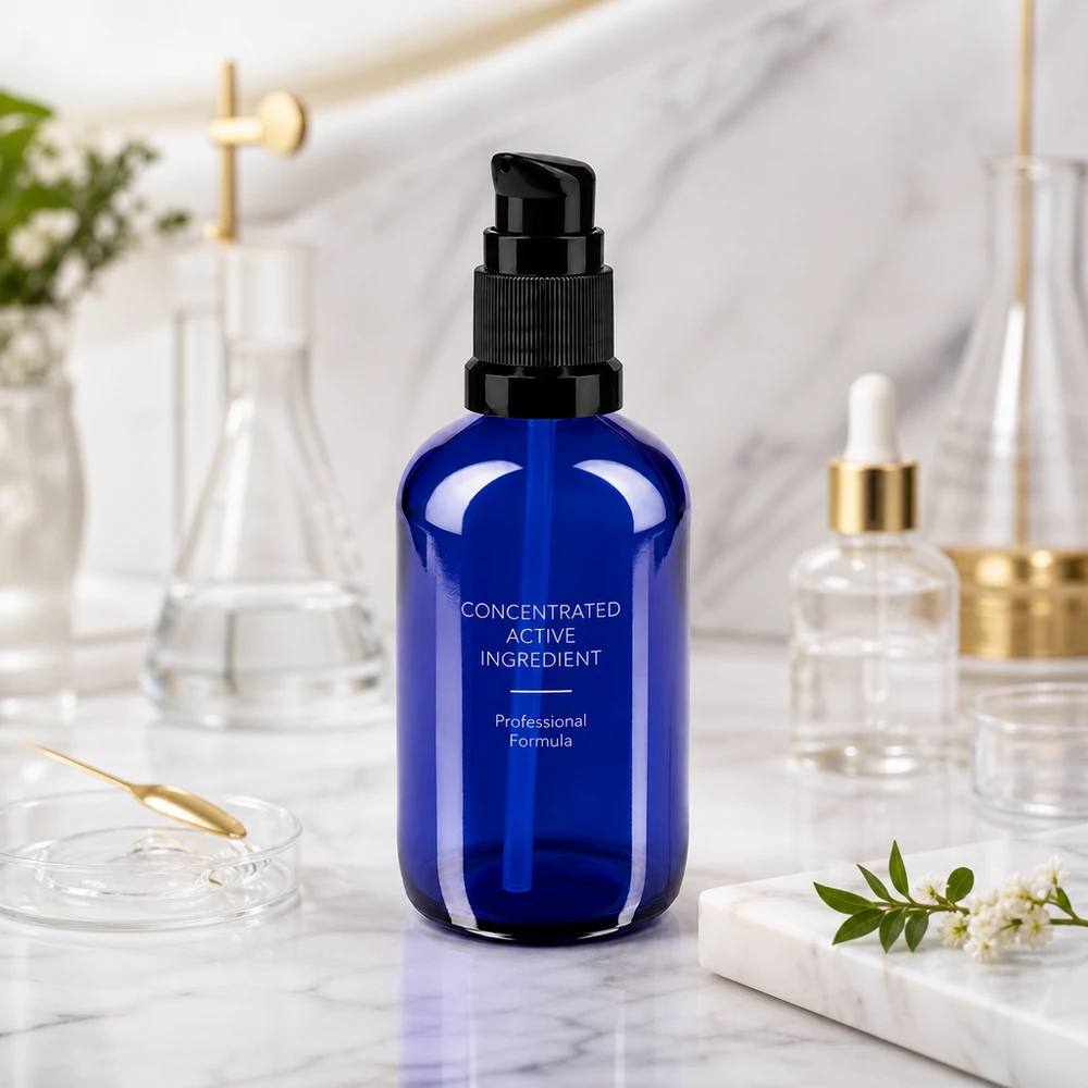 Lékárenská láhev modrá 100ml pumpovací uzávěr černý standardní 100ml Apothekerglasflasche in Royalblau mit schwarzer Dosierpumpe für Kosmetikserien