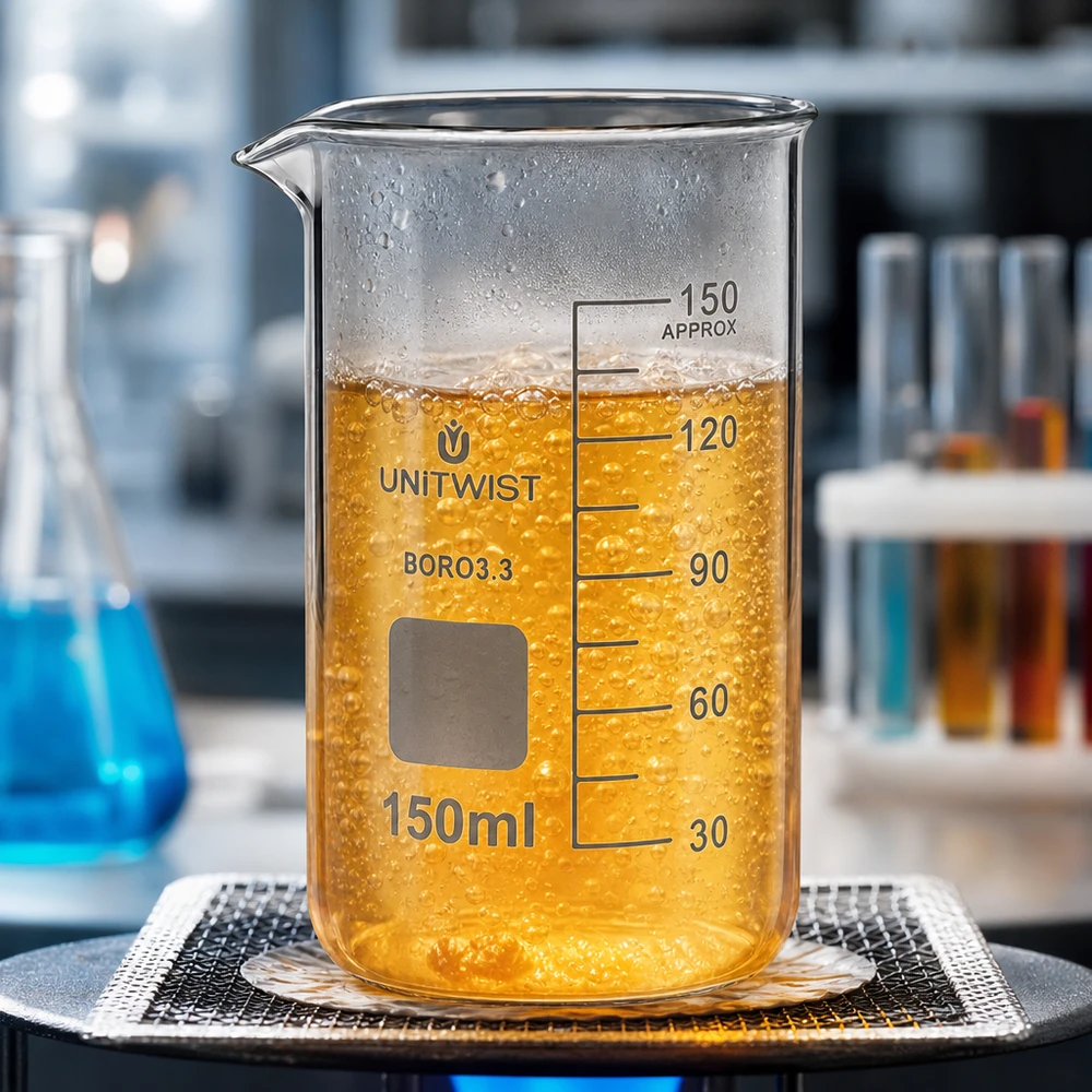Kádinka 150ml borosilikátová, vysoká forma UNiTWIST Graduiertes UNITWIST Becherglas 150ml hohe Form Borosilikat mit erhitzter goldgelber Substanz