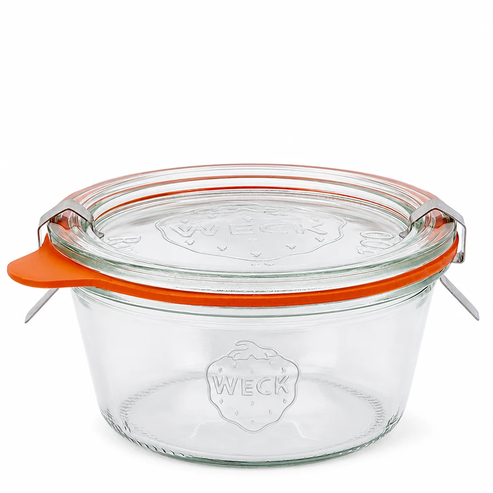 290ml nízká zavařovací sklenice s kompletním víkem WECK RR100 WECK Sturzglas 290ml RR100 niedrig mit Glasdeckel und Gummiring Einmachglas für Konservierung