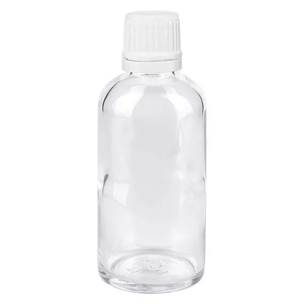 Lékárenská lahvička čirá 50ml šroubovací uzávěr bílé barvy s ochranným uzávěrem proti neoprávněné manipulaci.