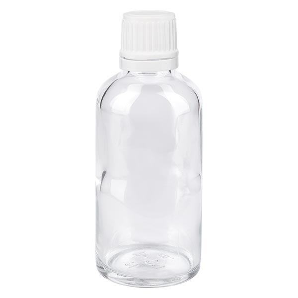 Lékárenská lahvička čirá 50ml šroubovací uzávěr bílé barvy s ochranným uzávěrem proti neoprávněné manipulaci.