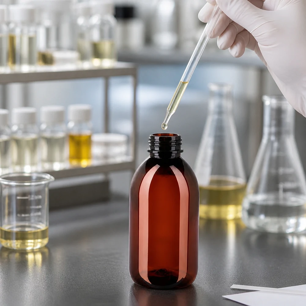 Scéna z laboratoře s hnědou PET lahví o objemu 250 ml a pipetou při plnění nažloutlou kapalinou