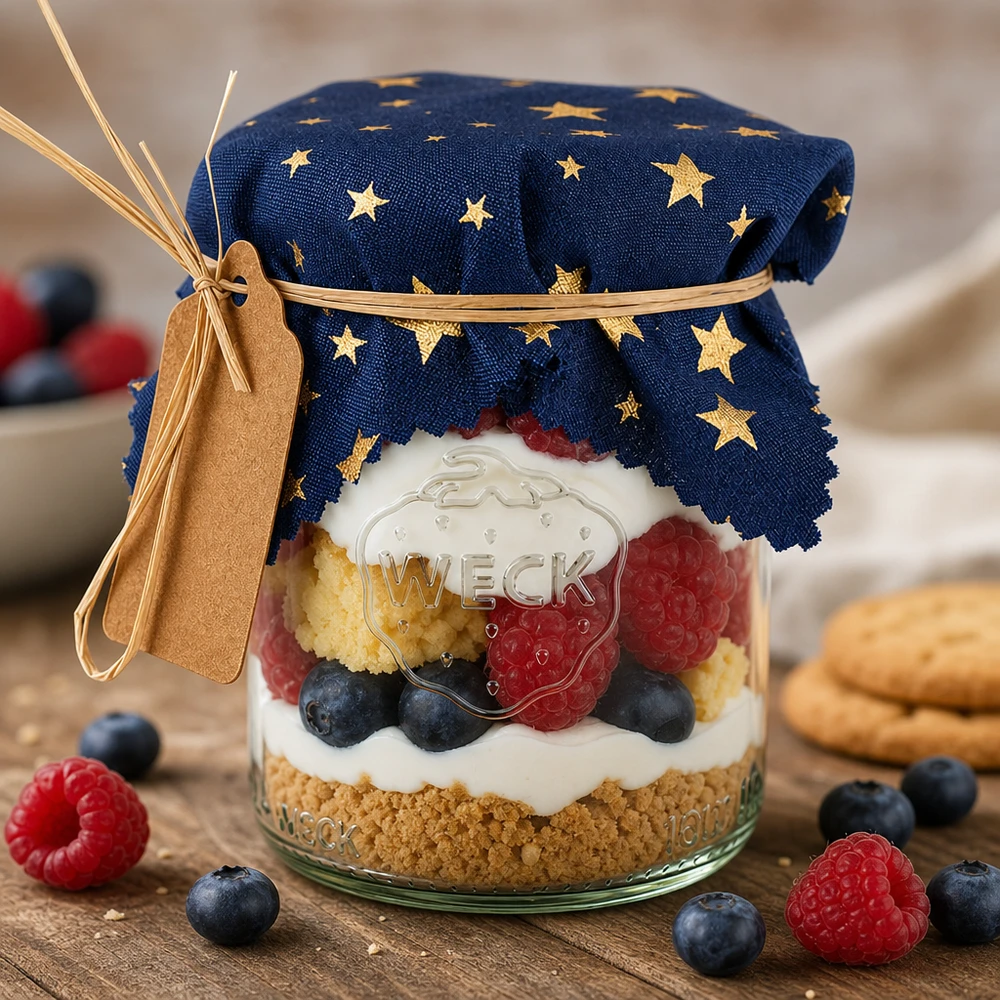 Dessert im Glas mit blauem Sternen-Stoffdeckchen, Beeren-Trifle dekorativ abgedeckt, festliche Präsentation für Gäste