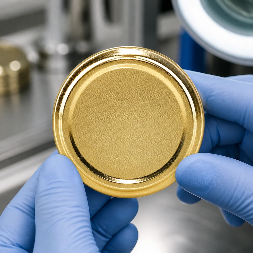63mm víko BasicSeal zlaté (TO63) UNiTWIST Kontrola kvality zlatých víček TO63 o průměru 63 mm s použitím ochranných rukavic v laboratorním prostředí