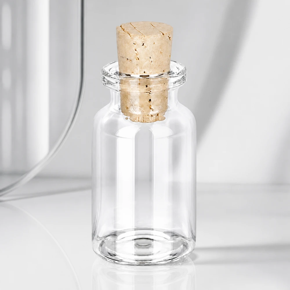 Láhev z bezbarvého skla 10ml se zátkou 11/14mm. Wiederverschließbare Klarglas-Flasche 10ml mit fest sitzendem Korken 11/14mm für Flüssigkeiten