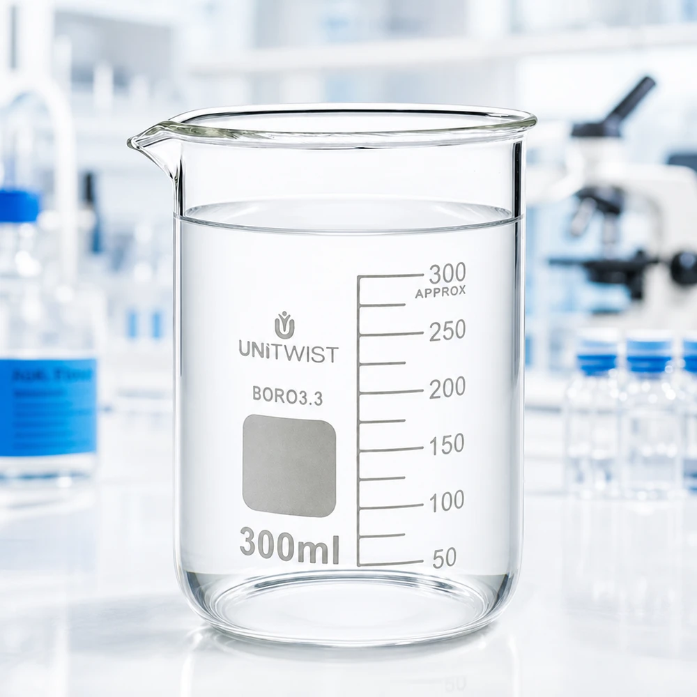 Kádinka 300 ml borosilikátová, nízká forma UNiTWIST Niedrige Form Laborbecherglas 300ml mit Ausgießschnauze und sichtbarer Graduierung von UNiTWIST