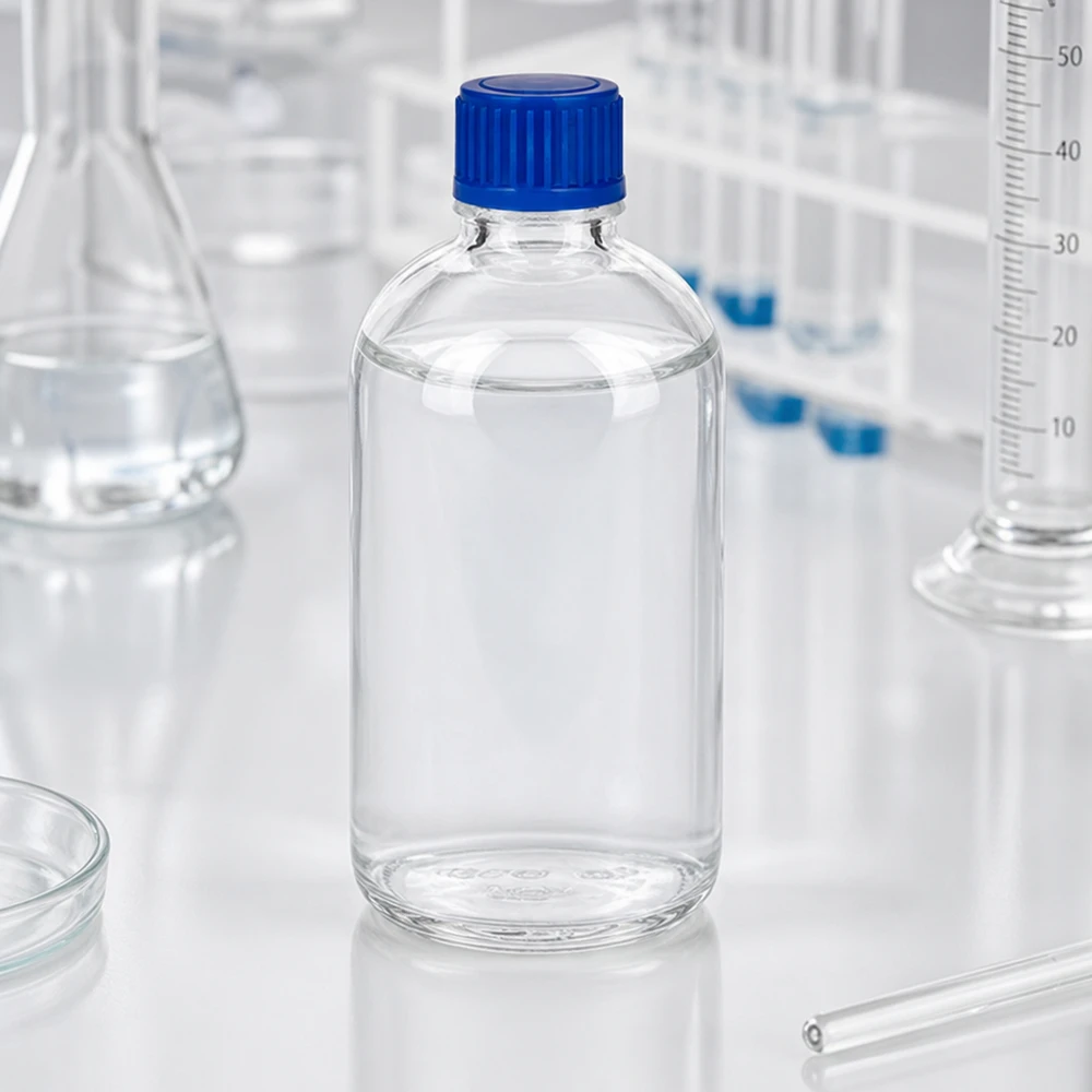 100ml láhev 11mm šroubovací uzávěr modrý Standard ClearLine UT18/100 Abfüllflasche 100ml ClearLine UT18 transparentes Glas blauer Deckel für Pharmazie und Labor