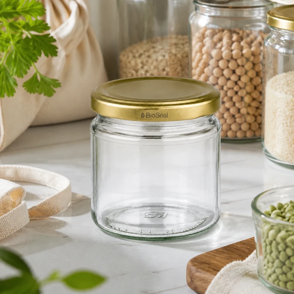 Kulatá sklenice o objemu 212 ml se zlatým víčkem UNiTWIST BioSeal. UNiTWIST Rundglas 212ml mit goldenem TO66 BioSeal Deckel in nachhaltiger Zero-Waste Küche mit Hülsenfrüchten