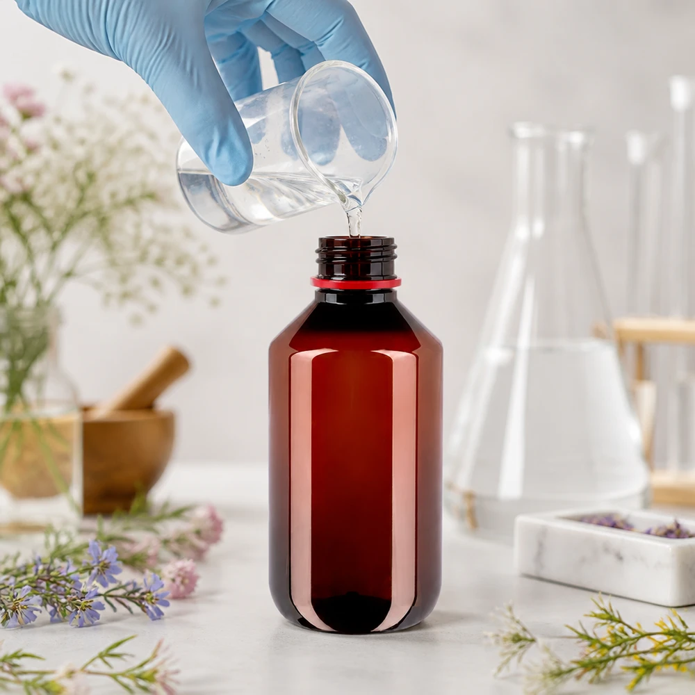 PET láhev 200ml s bílým/červeným uzávěrem s ochranou proti manipulaci. Kulatá 200ml PET láhev jantarové barvy s uzávěrem OV se plní v laboratoři
