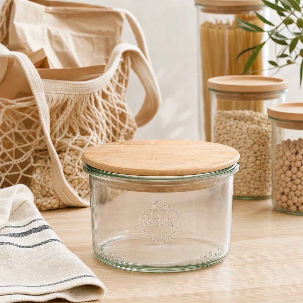 200ml tumblery WECK RR80 s dřevěným víčkem buk. WECK Sturzglas 200ml mit Holzdeckel in moderner Zero-Waste Küche mit Vorratsgläsern und nachhaltigen Textilien
