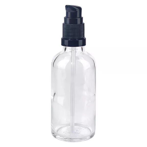 Lékárenská láhev čirá 50ml pumpovací uzávěr černá standardní Lékárenská láhev čirá 50ml pumpovací uzávěr černá standardní