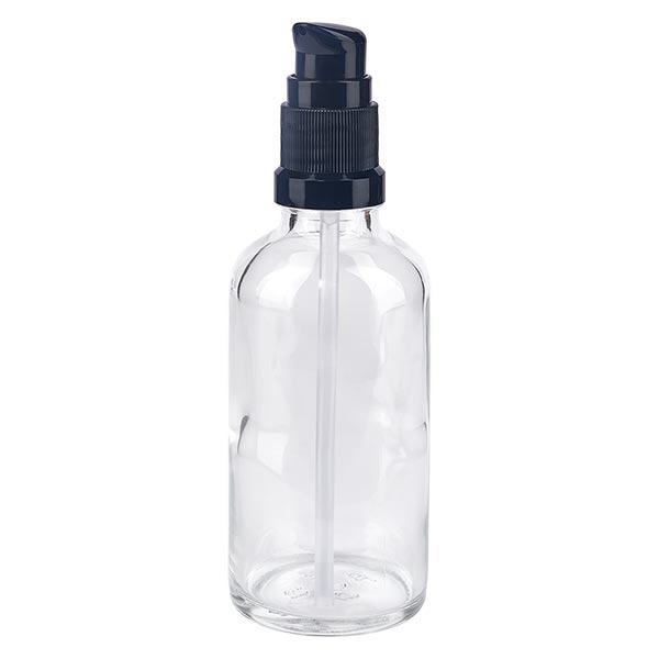 Lékárenská láhev čirá 50ml pumpovací uzávěr černá standardní Lékárenská láhev čirá 50ml pumpovací uzávěr černá standardní