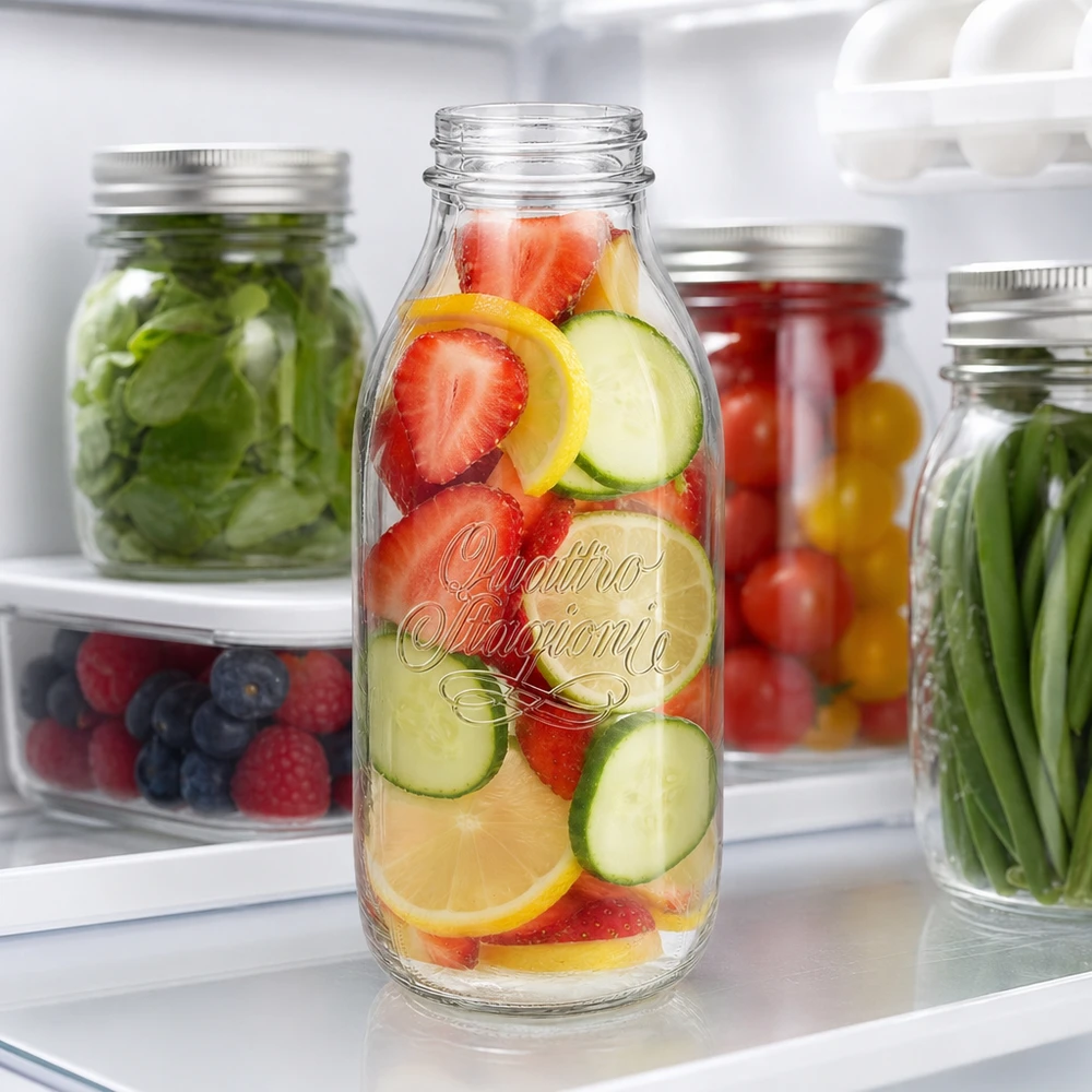1000ml skleněná láhev "Quattro Stagioni" QS56mm Quattro Stagioni 1000ml Weithalsflasche mit Obst und Gemüse im Kühlschrank für Infused Water und Meal Prep