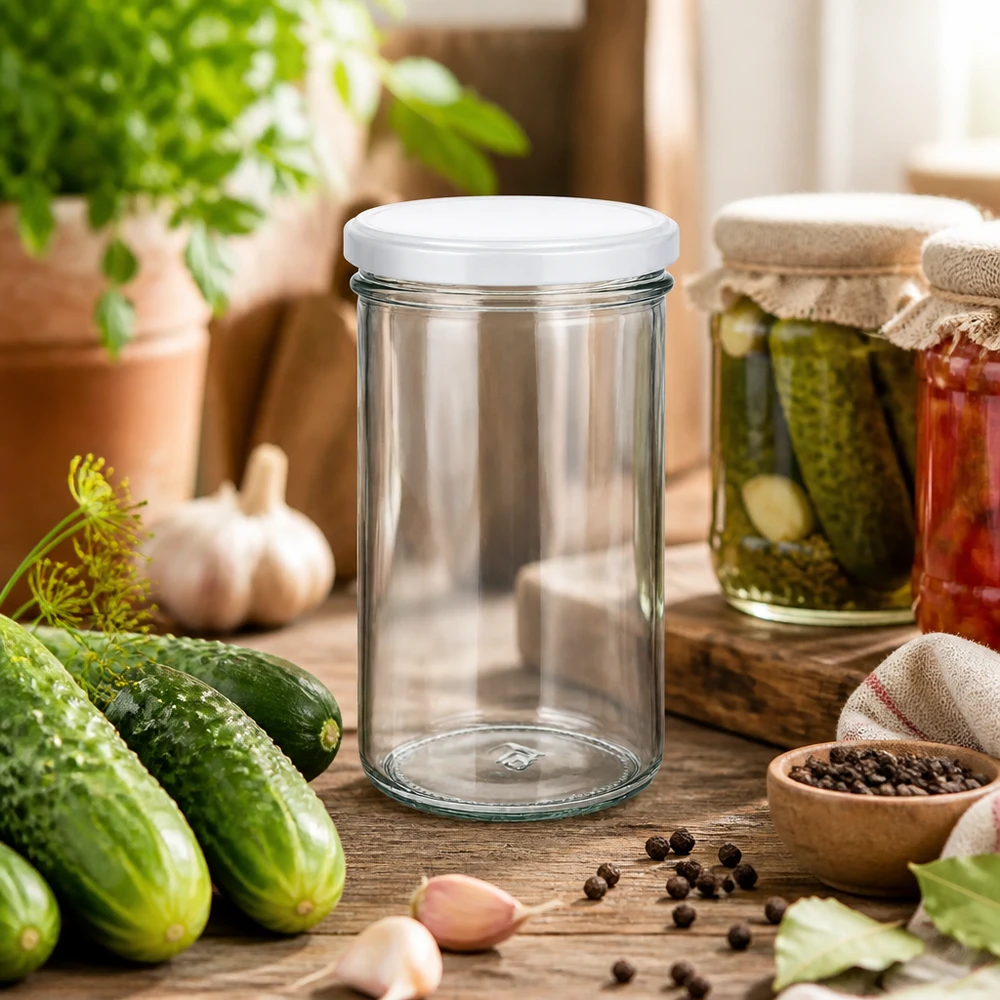 277ml zavařovací sklenice s víčkem BasicSeal bílá UNiTWIST 277ml Sturzglas in rustikaler Küchenszene mit Gurken und Gewürzen - vielseitiges Einmachglas für Pickles