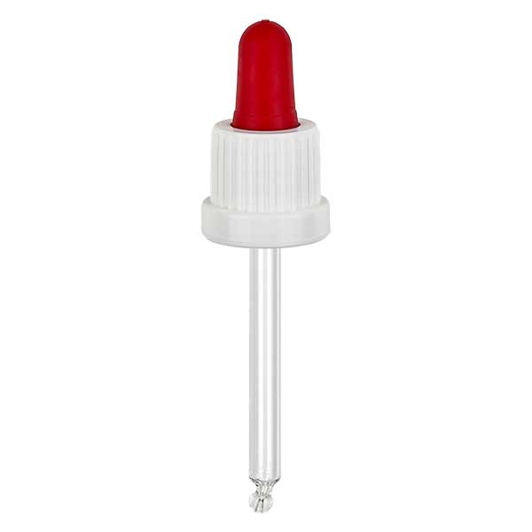 Skleněná kapací pipeta bílá/červená 18mm PL66 uzávěr s ochranou proti manipulaci. Skleněná kapací pipeta bílá/červená 18mm PL66 uzávěr s ochranou proti manipulaci.