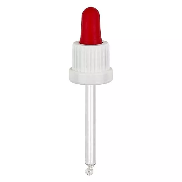 Skleněná kapací pipeta bílá/červená 18mm PL66 uzávěr s ochranou proti manipulaci. Skleněná kapací pipeta bílá/červená 18mm PL66 uzávěr s ochranou proti manipulaci.