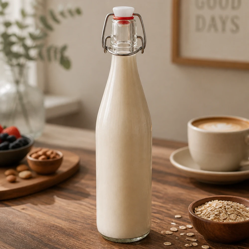 Bügelverschluss Glasflasche 500ml mit Hafermilch gefüllt auf Holztisch neben Kaffeetasse und Haferflocken