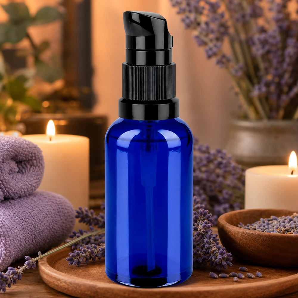 50ml láhev s pumpičkou černá standardní uzávěr BlueLine UT18/50 Praktische 50ml Pumpflasche STD BlueLine UT18/50 mit hygienischem Pumpverschluss für Aromatherapie
