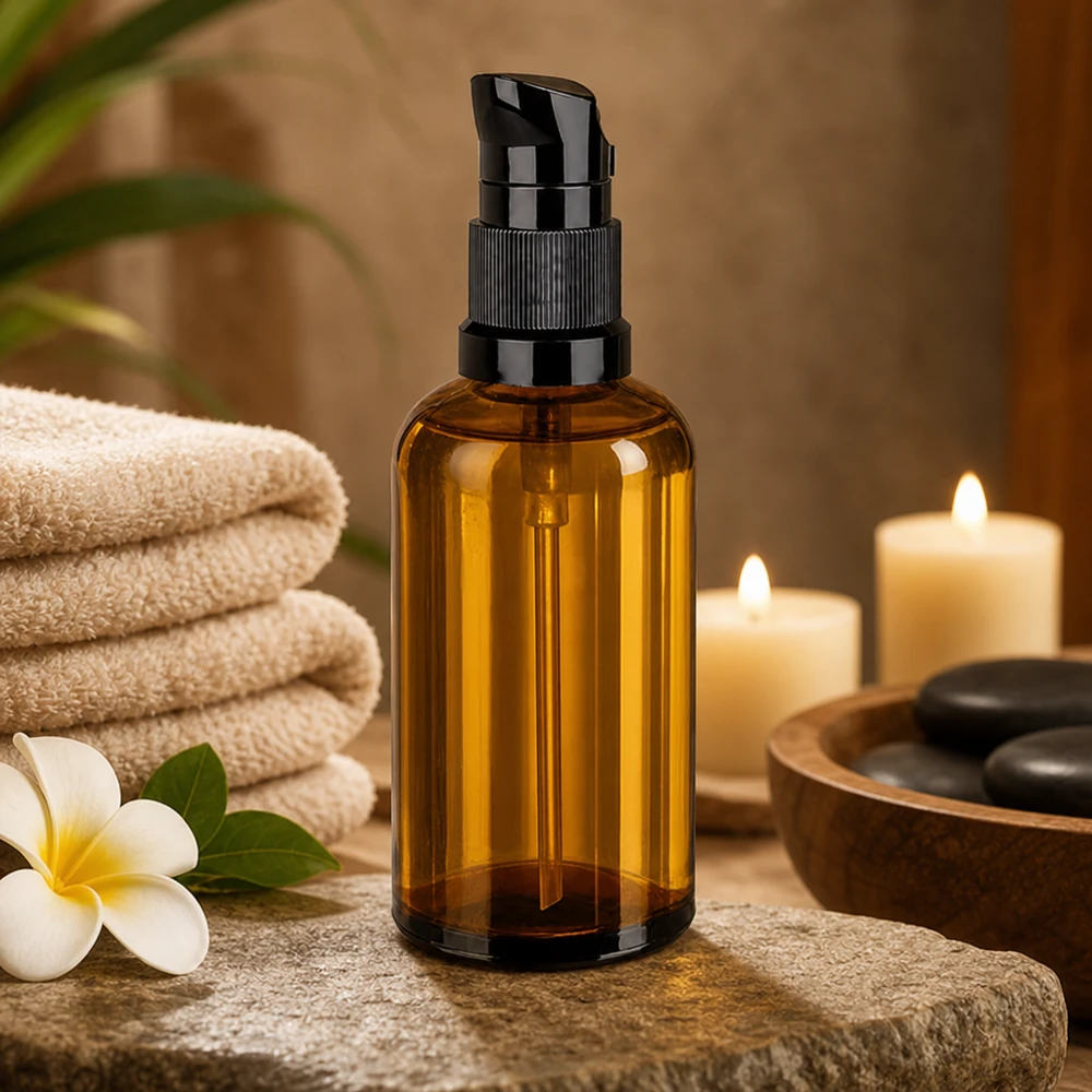 Vielseitige 100ml Glasflasche mit schwarzem Pumpaufsatz ideal für DIY Kosmetik und Naturkosmetik