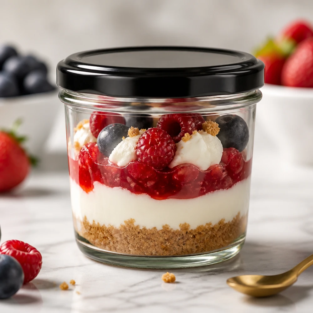 230ml tumblery s víčkem BasicSeal černé UNiTWIST. 230ml Sturzglas mit BasicSeal Deckel schwarz gefüllt mit Beeren-Dessert zeigt elegante Portionierung und Präsentation