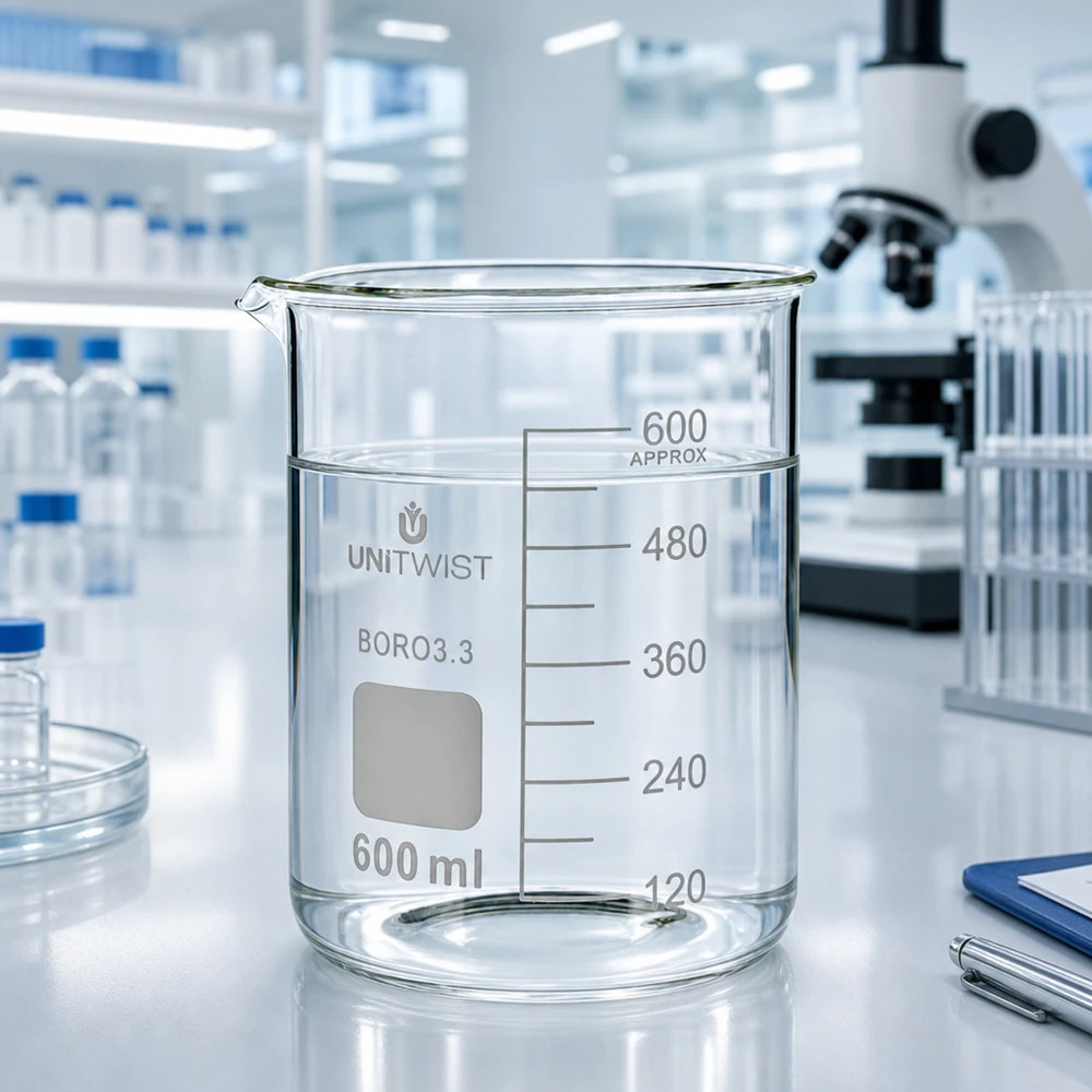 Kádinka 600 ml borosilikátová, nízká forma UNiTWIST Transparentes Laborglas 600ml UNiTWIST mit Millimetergraduierung neben Mikroskop und Petrischalen