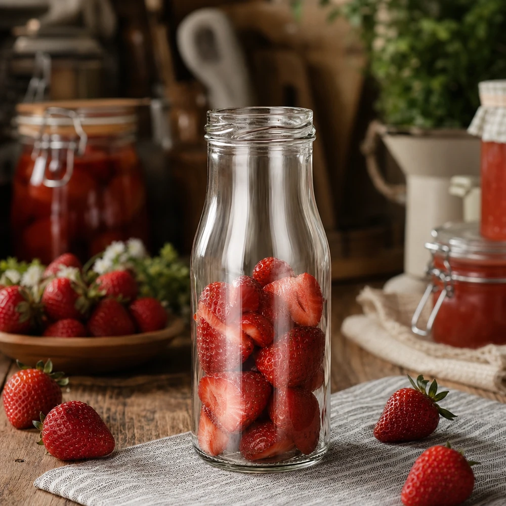 Láhev 150 ml bez víčka (TO43) UNiTWIST UNiTWIST Bottle150 Glasflasche 150ml TO43 mit frischen Erdbeeren gefüllt auf rustikalem Holztisch mit Marmeladengläsern