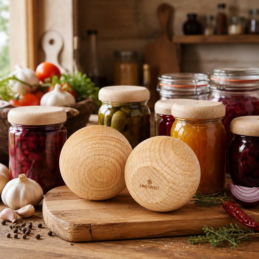 UNiTWIST Holzkugeln Buche WECK RR60 in rustikaler Küche mit Einmachgläsern und frischen Zutaten Anwendungsbeispiel