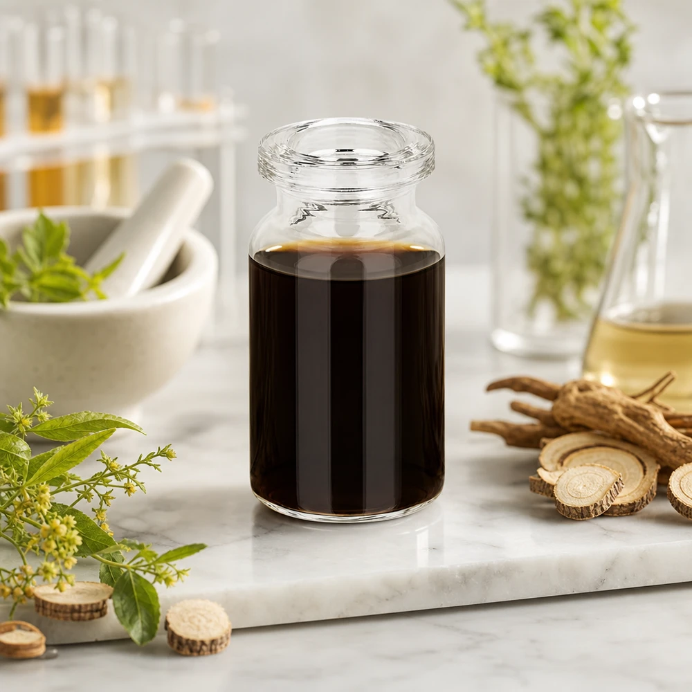 Injekční lahvička z čirého skla 5 ml Klarglas Injektionsflasche 5ml für Naturextrakte mit Likörwurzel und grünen Kräutern dekoriert