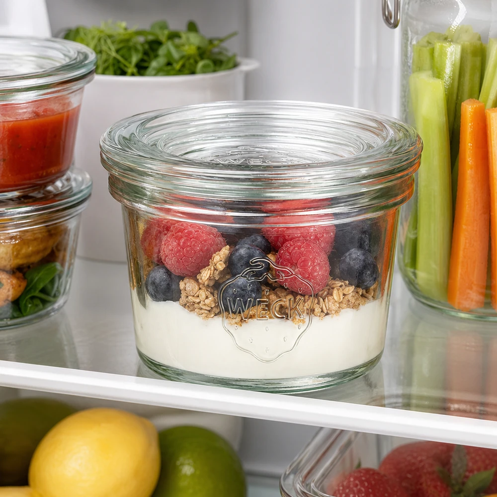 35ml kelímky se skleněným víčkem WECK RR40 35ml WECK Sturzglas RR40 mit Joghurt Beeren und Nüssen im Kühlschrank neben Gemüsesticks und Kräutern