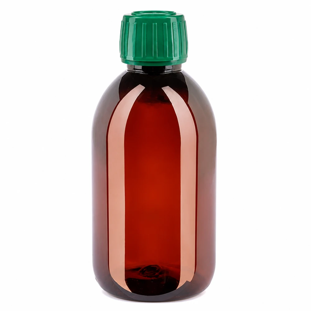 PET láhev 250 ml, hnědá, se zeleným uzávěrem zaručujícím neporušenost, pro farmaceutický a kosmetický průmysl