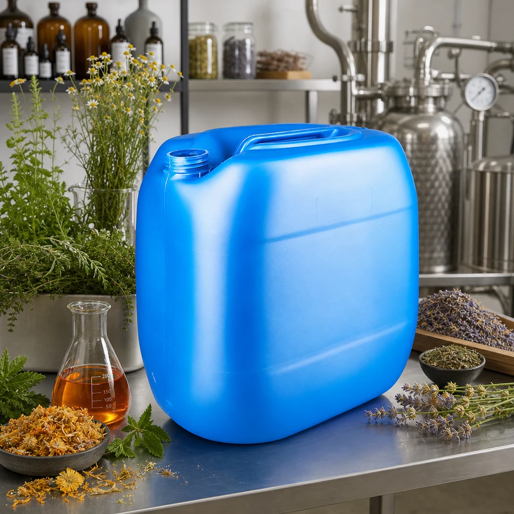 Glattflächiger blauer Kanister 30 Liter ohne Verschluss in rechteckiger Stapelform für Lager