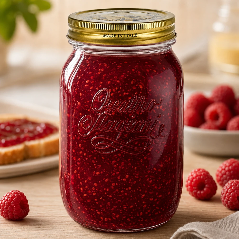 1000ml kulatá skleněná "Quattro Stagioni" s víčkem 1000ml Quattro Stagioni Glas gefüllt mit Himbeerkonfitüre umgeben von frischen Himbeeren italienisches Einmachglas