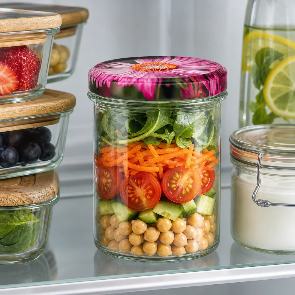 Sturzglas 350ml mit Blüten-Deckel gefüllt mit Salat Chickpeas Tomaten Gurken als Meal Prep im Kühlschrank
