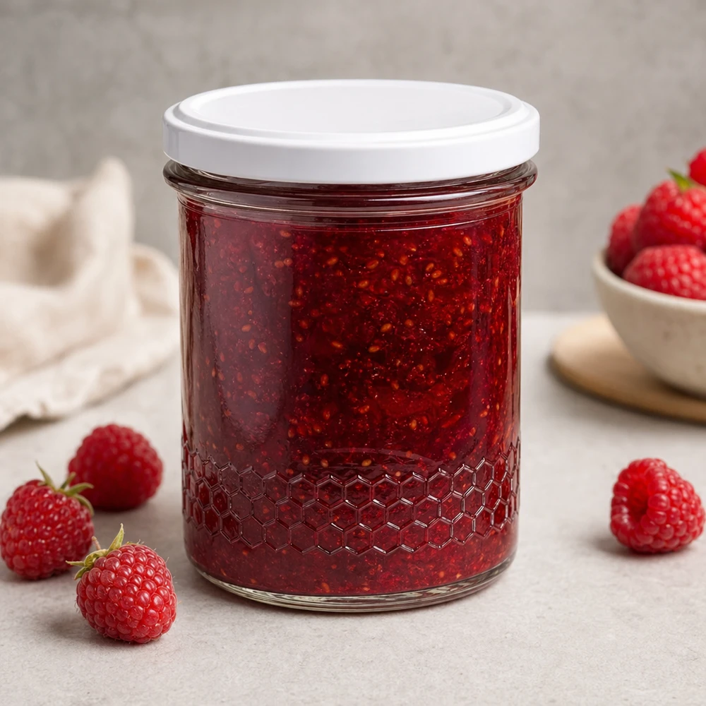 560g Honigglas + BasicSeal Deckel weiß UNiTWIST 400ml Honigglas als Marmeladenglas für Erdbeermarmelade gefüllt mit frischen Erdbeeren dekorative Küchenverwendung