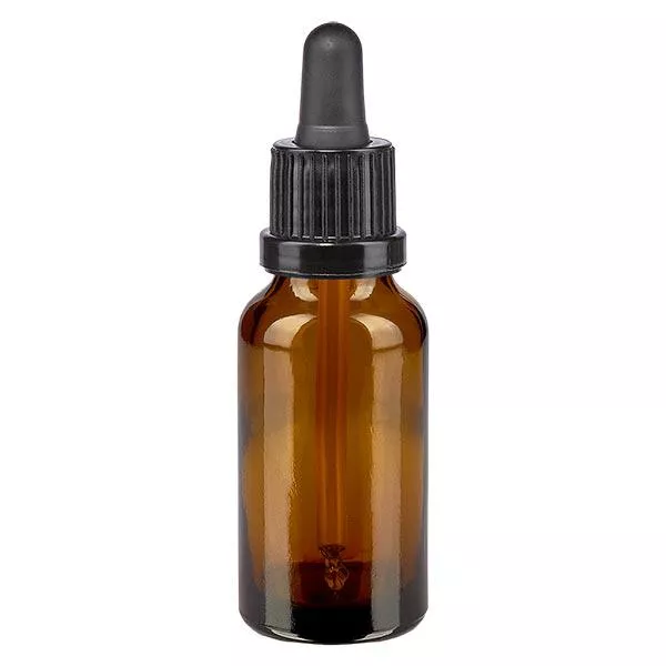 Lékárenská lahvička hnědá 20ml pipeta černá uzávěr s ochranou proti manipulaci.