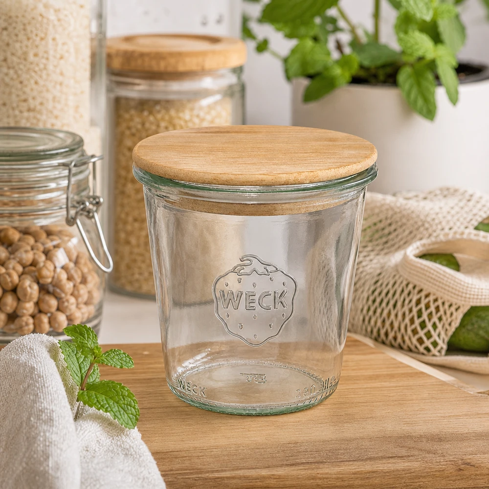 WECK Sturzglas 290ml RR80 mit Holzdeckel in nachhaltiger Küche mit Vorratsgläsern Kräutern und natürlichen Materialien