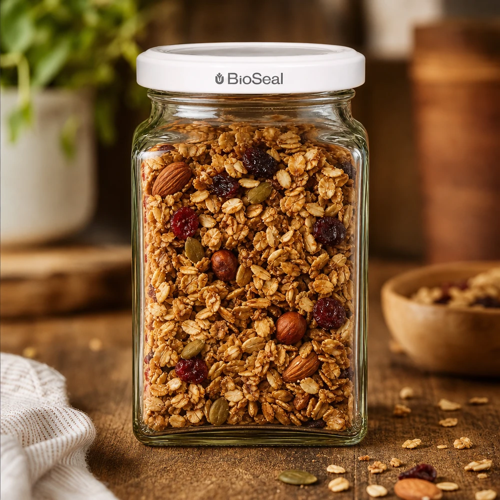 260ml tetra sklenice + víčko BioSeal bílé UNiTWIST UNiTWIST Tetra260 Vorratsglas gefüllt mit Müsli Nüssen Trockenfrüchten weißer TO58 BioSeal Deckel Küche