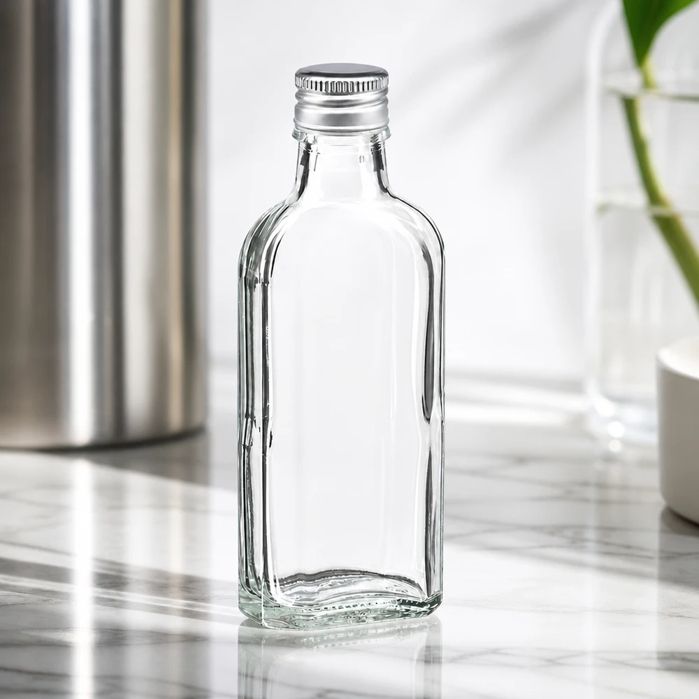 Meplat Flasche 100ml klar mit silbernem Aludeckel PP22 minimalistisches Design Studio